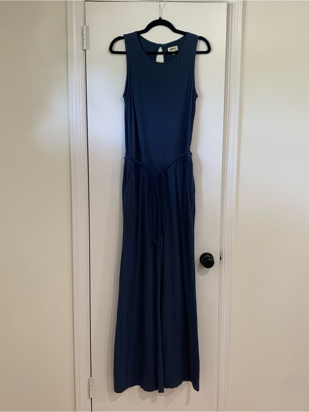 Pact Organic Cotton and Linen Belted Jumpsuit Pockets Navy Blue Size Medium